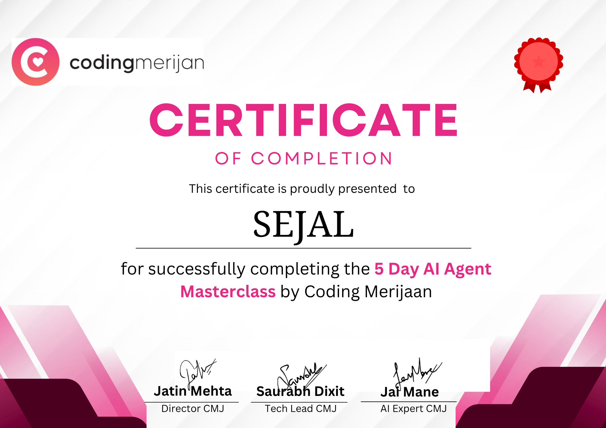AI Agent Masterclass Certificate